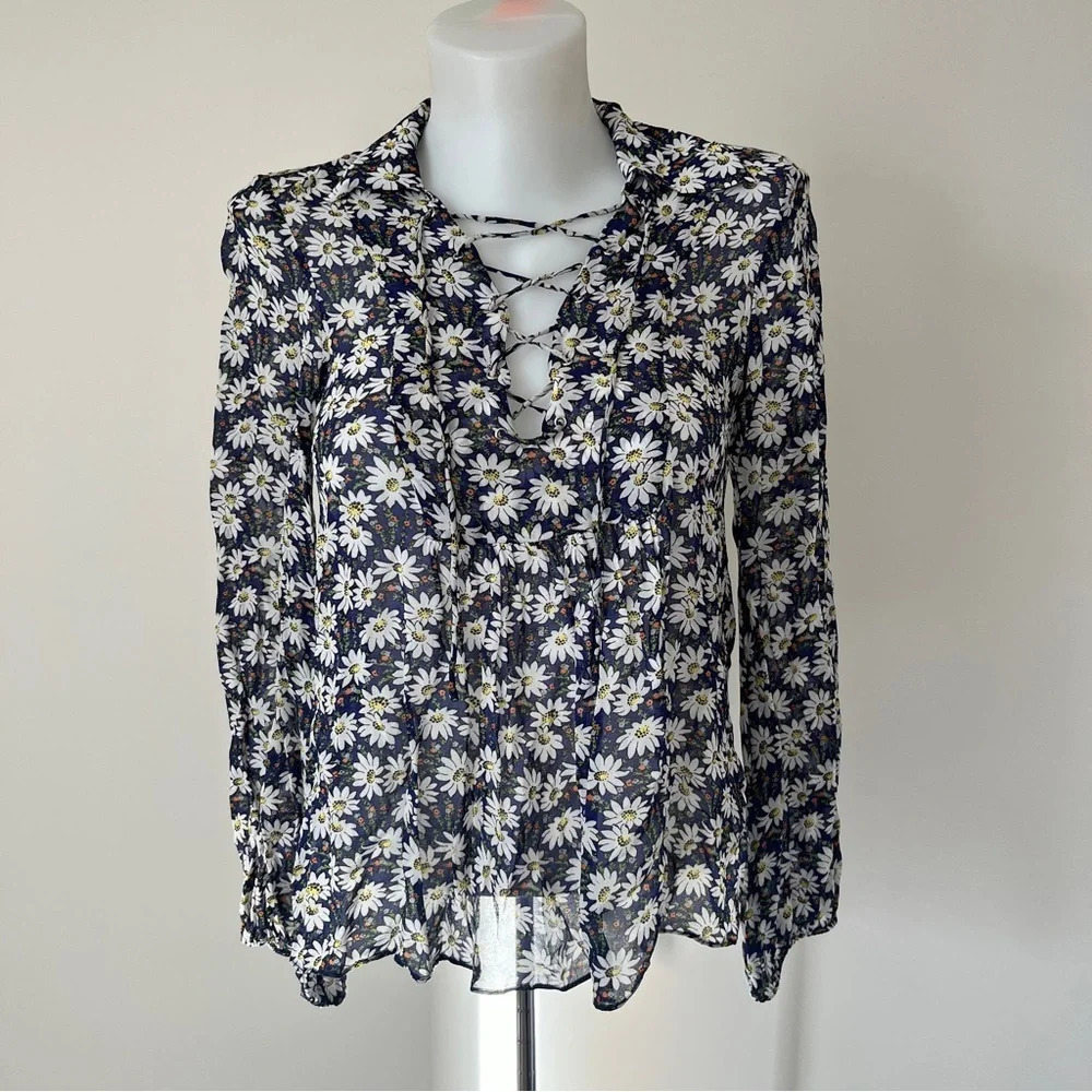 Zara Floral Daisy Blouse Corset Lace Up Long Sleeve V Neck Lightweight Sz S